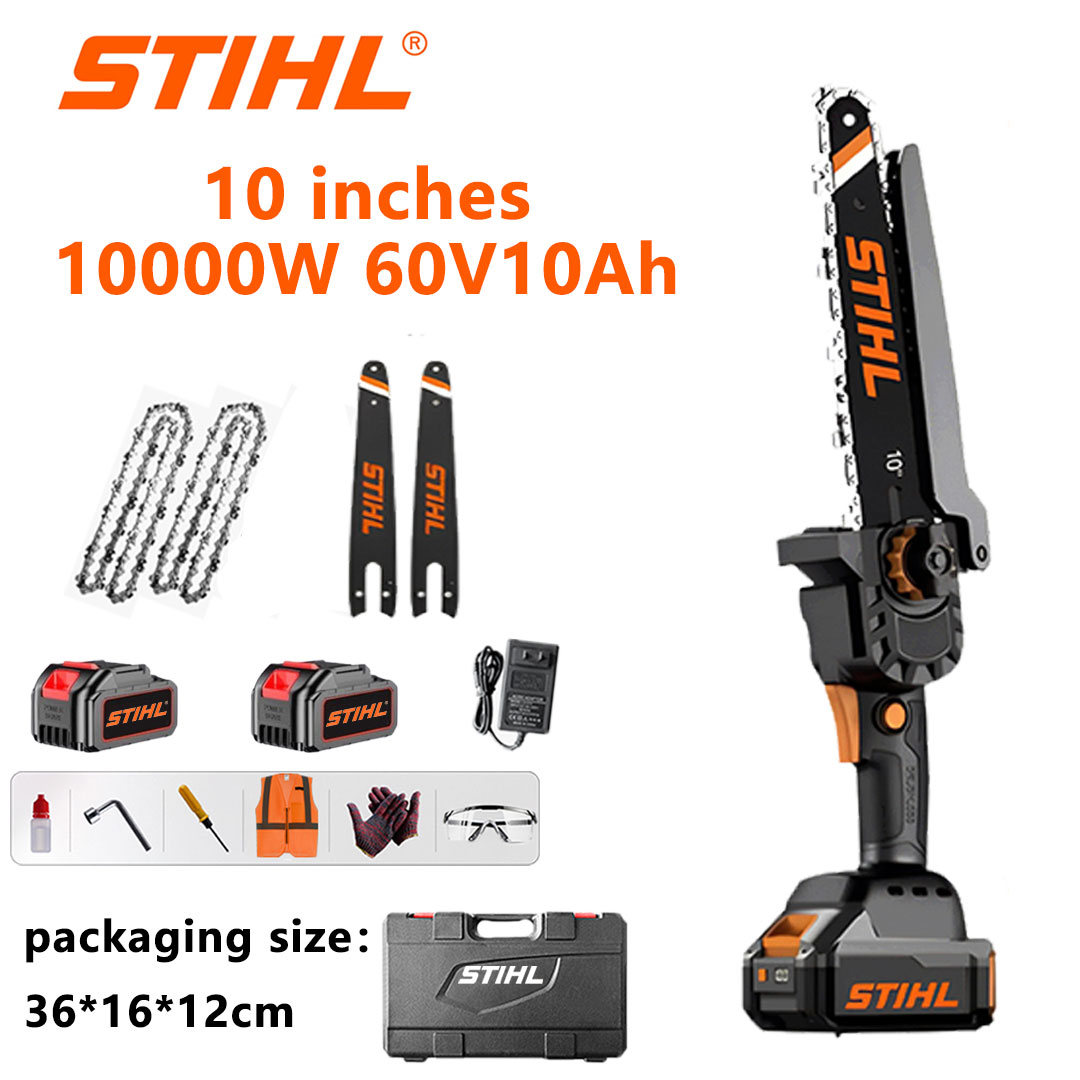 Ferăstrău electric cu litiu fără perii de 10 inchi, putere 10000 W, baterie 60 V 10,0 Ah*2, încărcător, bară de ghidare*2, lanț*2, cutie de scule, ulei lubrifiant și ochelari de protecție, garanție de cinci ani