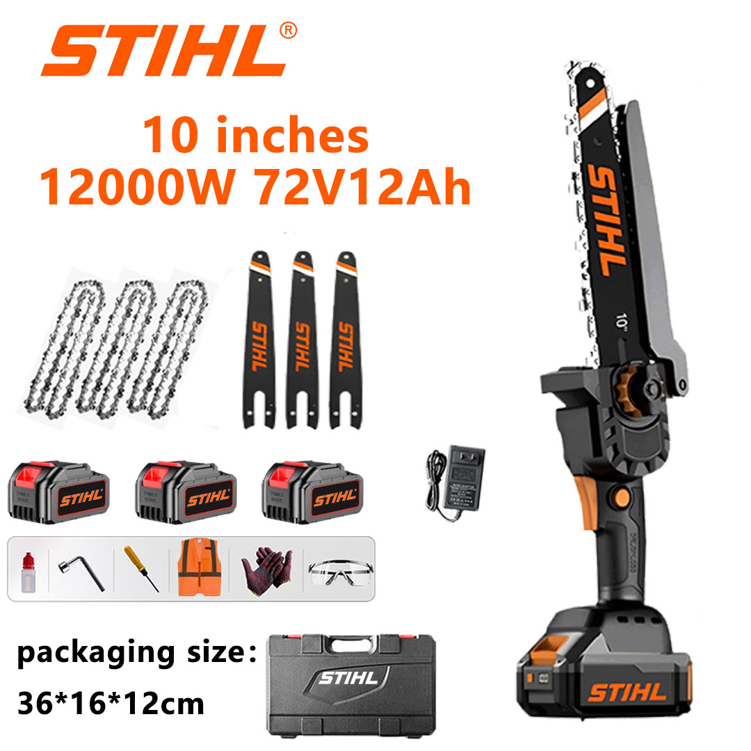 Ferăstrău electric cu litiu fără perii de 10 inchi, putere 12000W, baterie 72V 12.0Ah * 3, încărcător, bară de ghidare * 3, lanț * 3, cutie de scule, ulei lubrifiant și ochelari de protecție, garanție cinci ani