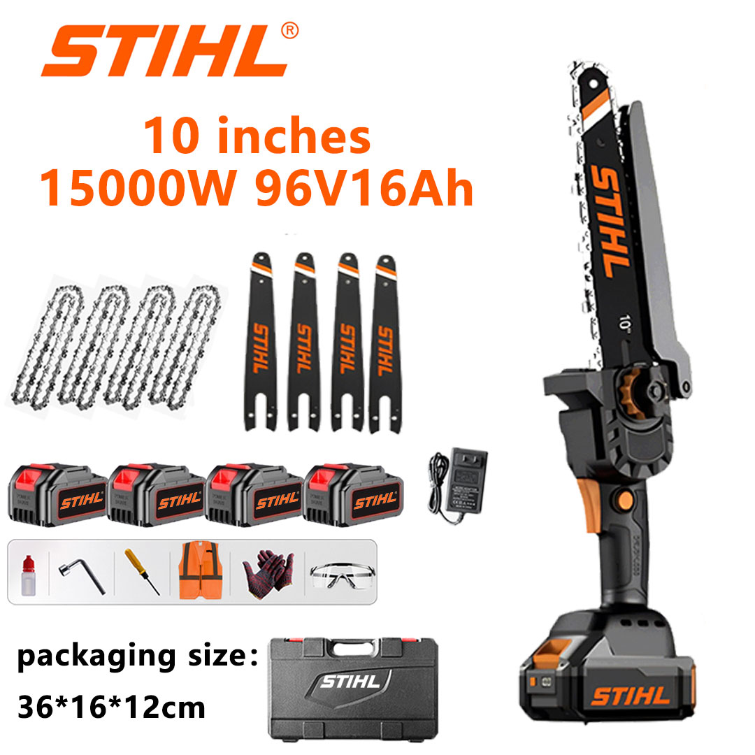 Ferăstrău electric cu litiu fără perii de 10 inchi, putere 15000W, baterie 96V 16.0Ah * 4, încărcător, bară de ghidare * 4, lanț * 4, cutie de scule, ulei lubrifiant și ochelari de protecție, garanție cinci ani