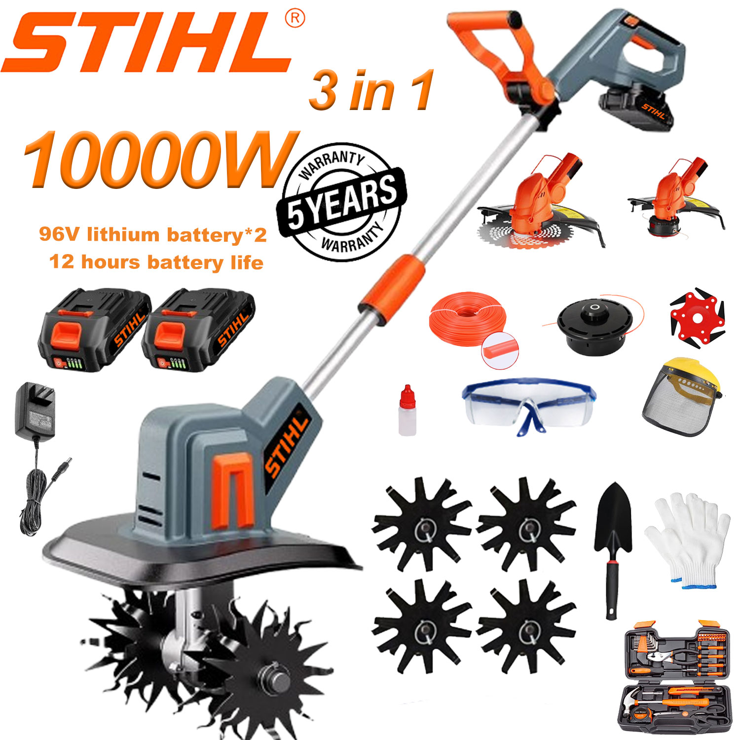 Motosapa cu litiu-ion trei in unu de 10000W (tuns, cultivat, taiere) + baterie cu litiu 96V * 2 incarcator rapid * 1 + cap de freza * 4 + cap de taiere * 2 + lama din aliaj * 1 + cap de cosit * 1 + frânghie de cosit de 3 m * 1 + set complet de accesorii