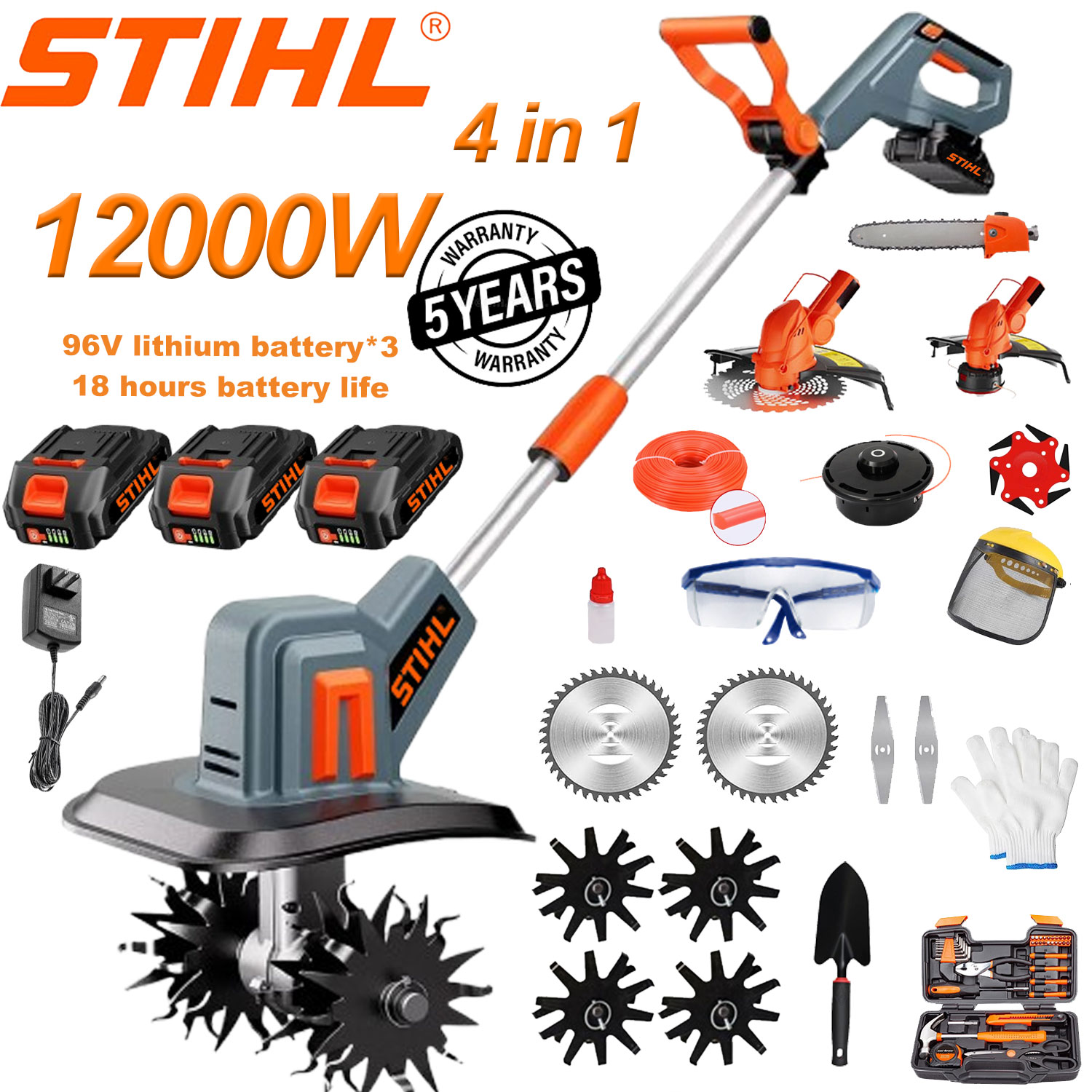 Motosapa cu litiu-ion de 12000W patru in unu (taiere, taiere copac, lucrare, etc.) + baterie litiu 96V * 3 Incarcator rapid*1+cap de prelucrare a solului*4+cap de taiere*2+lama din aliaj*1+lama rotunda*2+lama dreapta*2+fierastrau+cap de cosit*1+3m accesorii de cosire*