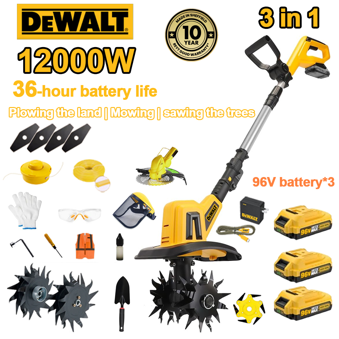 (36 ore de viață a bateriei) plug 12000W+baterie litiu 96V*3+încărcător rapid*1+lopată*1+cap cu lamă dreptă*4+cap cu tăietor de iarbă*1+lamă plug*4+pânză de ferăstrău din aliaj*1+linie de tuns*1+line de tuns iarba*1+diverse accesorii