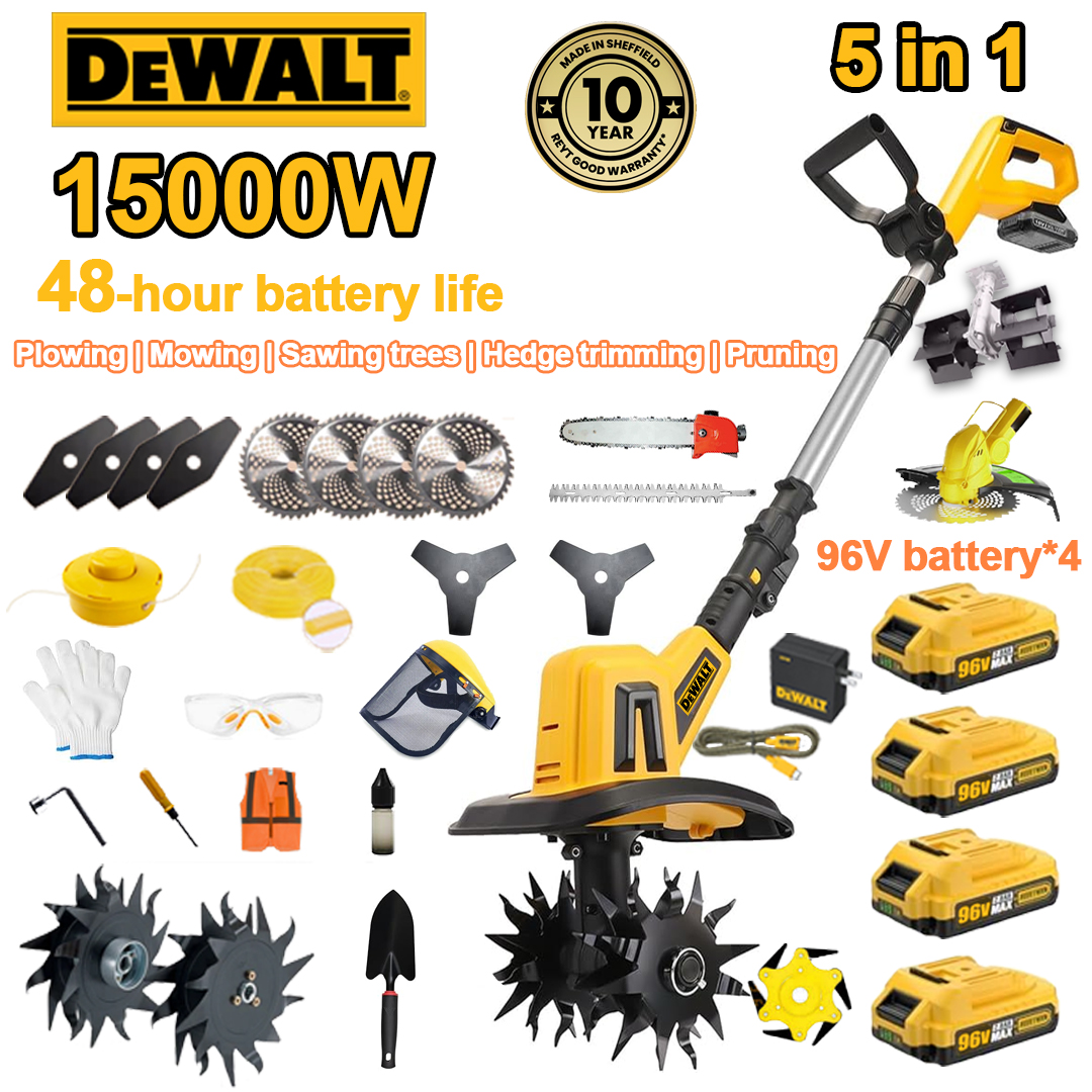 (48 ore de viață a bateriei) plug 15000W + baterie litiu 96V * 4 + încărcător rapid * 1 + cap de tuns iarba * 1 + lopată * 1 + lamă dreaptă * 4 + lamă plug * 4 + lamă de ferăstrău circular * 4 + lamă de ferăstrău triunghiular * 2 + ferăstrău din aliaj + 1 lamă de ferăstrău * 1 lamă de ferăstrău * 1 lamă de ferăstrău 1 + tăietor gard viu * 1 + diverse accesorii