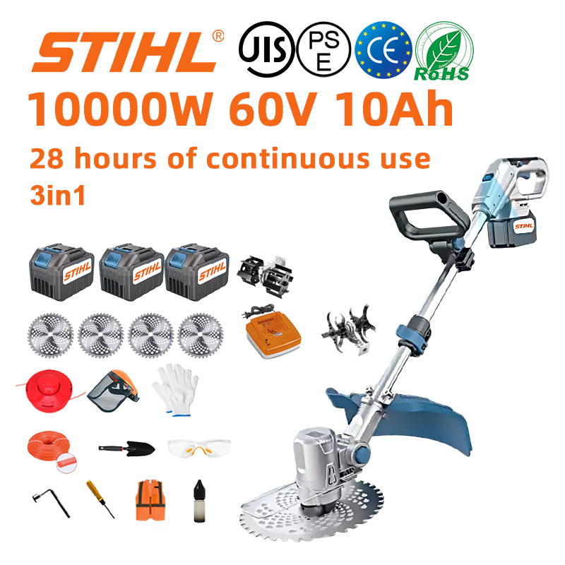 (28 ore de viață a bateriei) Mașină de tuns iarba fără perii de 10000 W*1 + baterie 60V 10.0Ah*3 + încărcător*1 + roată laterală*1 + roată auxiliară*1 + pânze de ferăstrău circular*4 + plug*1 + funie de tăiat*1 + disc de tăiere*1 + lopată*1 + mănuși cu șurubelniță*1 + șurubelniță*1 + mănuși*1 + șurubelniță*1 șurub*1 + îmbrăcăminte de protecție*1 + ulei lubrifiant*1 + cutie de scule*1