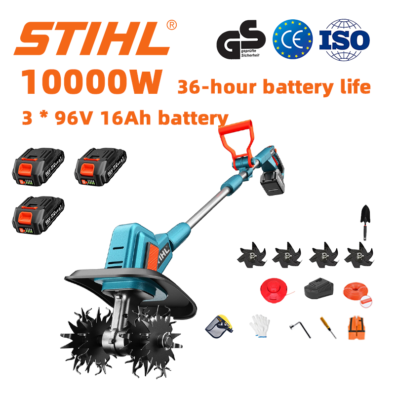 (Durata de viață a bateriei 36 de ore) Plug de 10000W + baterie litiu de 96V 16Ah * 3 + încărcător rapid * 1 + lopată * 1 + lamă plug * 4 + frânghie de tăiere * 1 + diverse accesorii
