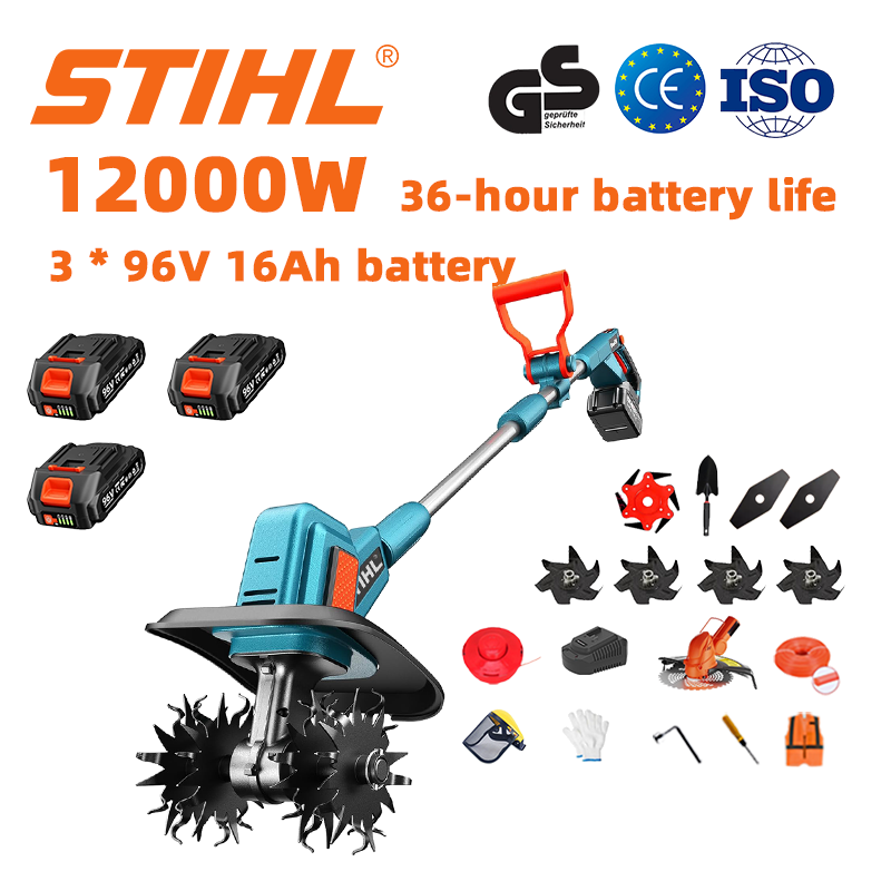 (Durata de viață a bateriei 36 de ore) Plug de 12000W + baterie litiu de 96V 16Ah * 3 + încărcător rapid * 1 + lopată * 1 + lamă dreaptă * 2 + lamă plug * 4 + lamă de ferăstrău din aliaj * 1 + lamă de tăiere * 1 + frânghie de tăiere * 1 + diverse accesorii