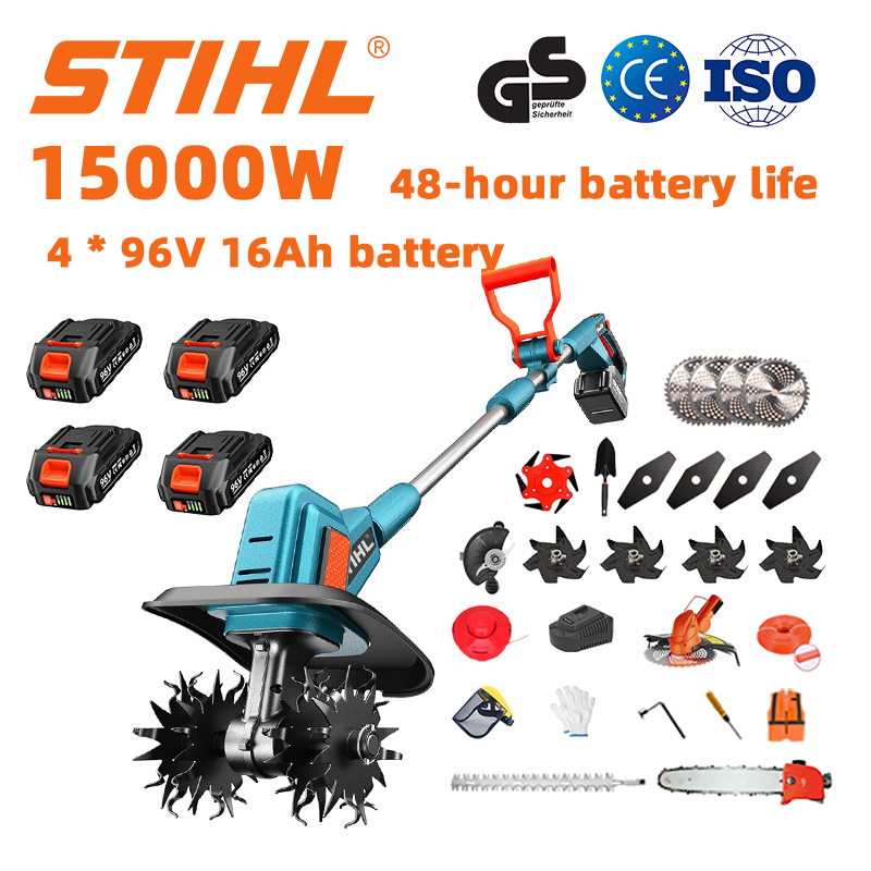 (Durata de viață a bateriei 48 de ore) Plug de 15000W + baterie litiu de 96V 16Ah * 4 + lamă * 4 + ferăstrău * 1 + cap de tuns gard viu * 1 + încărcător rapid * 1 + lopată * 1 + lamă dreaptă * 4 + lamă plug * 4 + lamă ferăstrău din aliaj * 1 + lamă de cosit * 1 + frânghie de tăiere * 1 + diverse accesorii