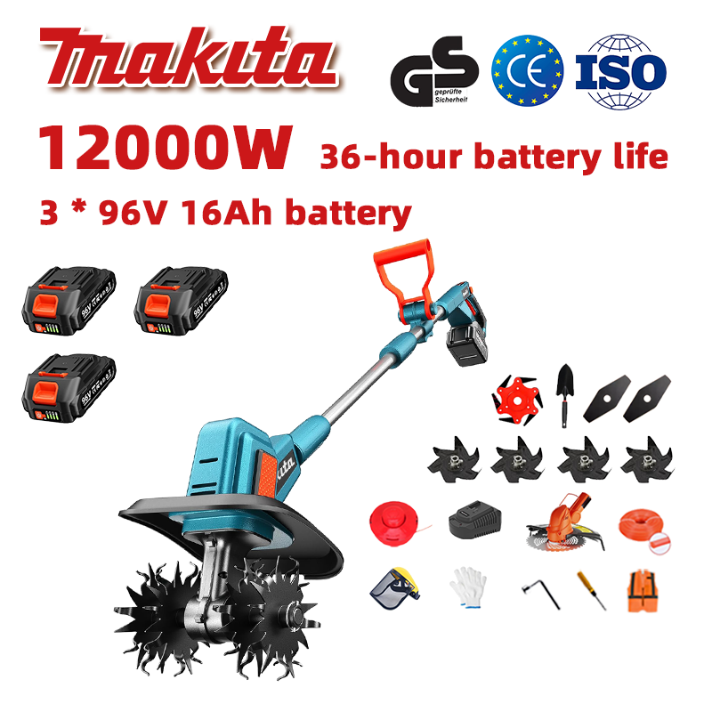 (Durata de viață a bateriei 36 de ore) Plug de 12000W + baterie litiu de 96V 16Ah * 3 + încărcător rapid * 1 + lopată * 1 + lamă dreaptă * 2 + lamă plug * 4 + lamă de ferăstrău din aliaj * 1 + lamă de tăiere * 1 + frânghie de tăiere * 1 + diverse accesorii